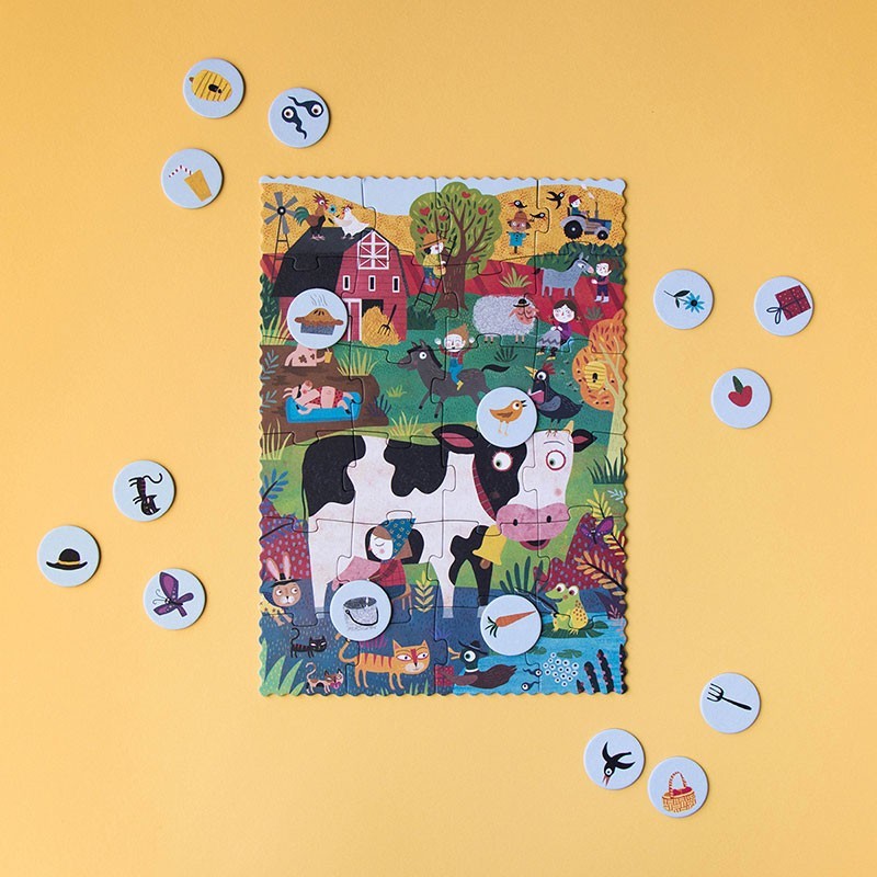 Londji Pocket Puzzle My Little Farm – 24-piece farm animal puzzle for children, made from FSC-certified paper and recycled cardboard, illustrated by Mariana Ruiz Johnson.