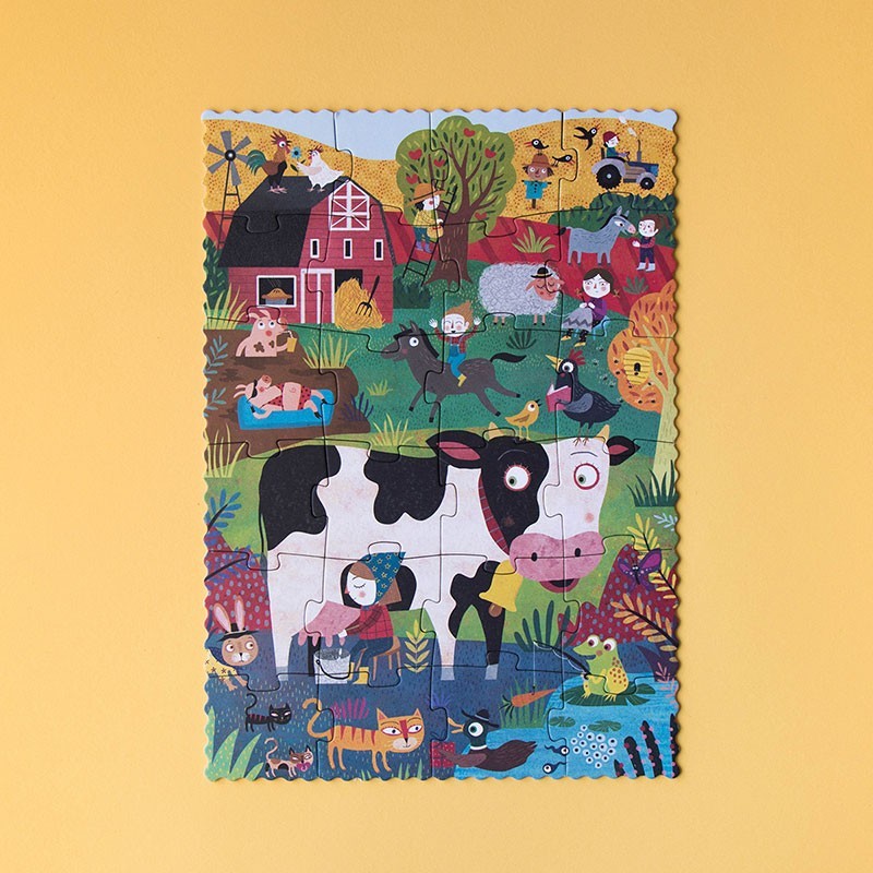 Londji Pocket Puzzle My Little Farm – 24-piece farm animal puzzle for children, made from FSC-certified paper and recycled cardboard, illustrated by Mariana Ruiz Johnson.