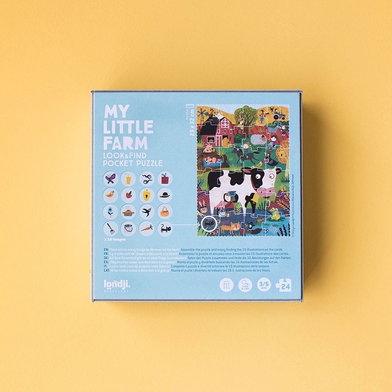 Londji Pocket Puzzle My Little Farm – 24-piece farm animal puzzle for children, made from FSC-certified paper and recycled cardboard, illustrated by Mariana Ruiz Johnson.