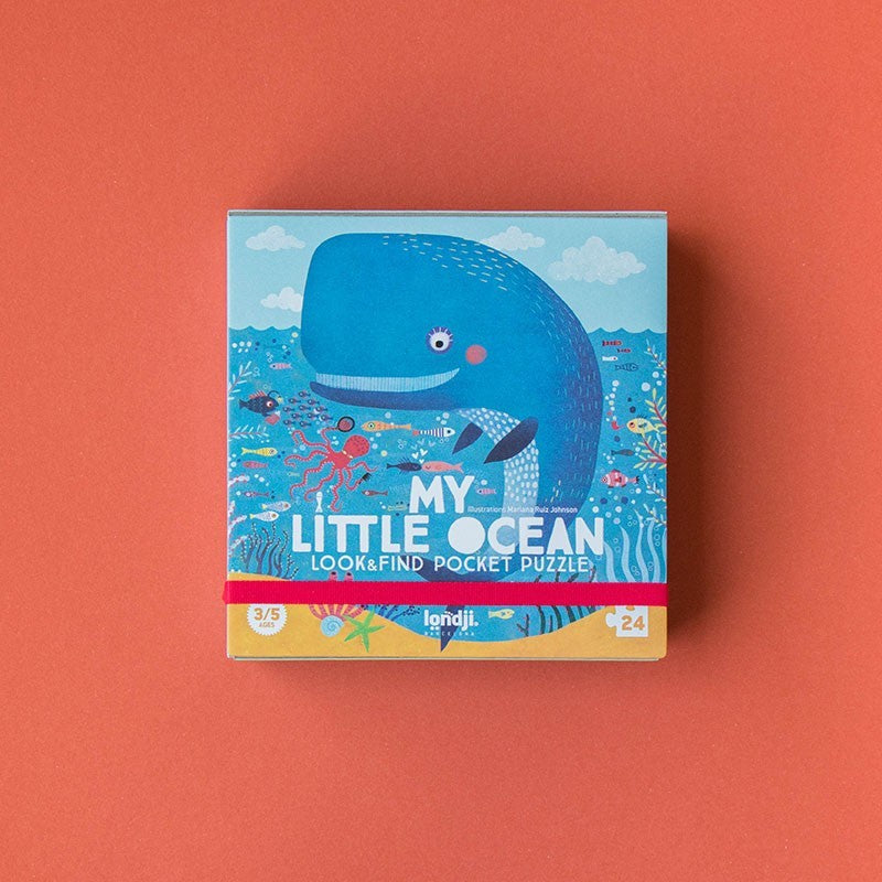Londji Pocket Puzzle My Little Ocean – 24-piece ocean-themed puzzle for children featuring sea animals and underwater adventures, illustrated by Mariana Ruiz Johnson.