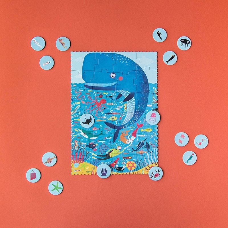 Londji Pocket Puzzle My Little Ocean – 24-piece ocean-themed puzzle for children featuring sea animals and underwater adventures, illustrated by Mariana Ruiz Johnson.