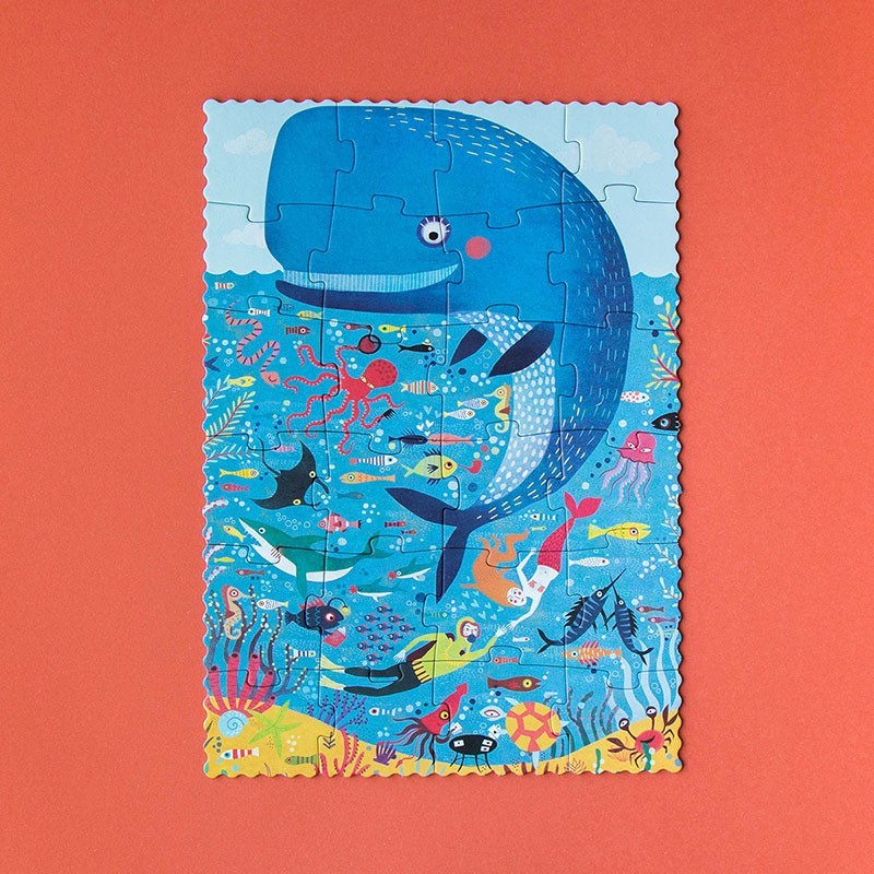 Londji Pocket Puzzle My Little Ocean – 24-piece ocean-themed puzzle for children featuring sea animals and underwater adventures, illustrated by Mariana Ruiz Johnson.
