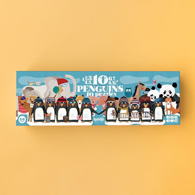 Londji 10 Penguins Puzzle progressive counting puzzle set with 10 animal puzzles from 2 to 10 pieces, eco-friendly and made in Barcelona, illustrated by Txell Darné.