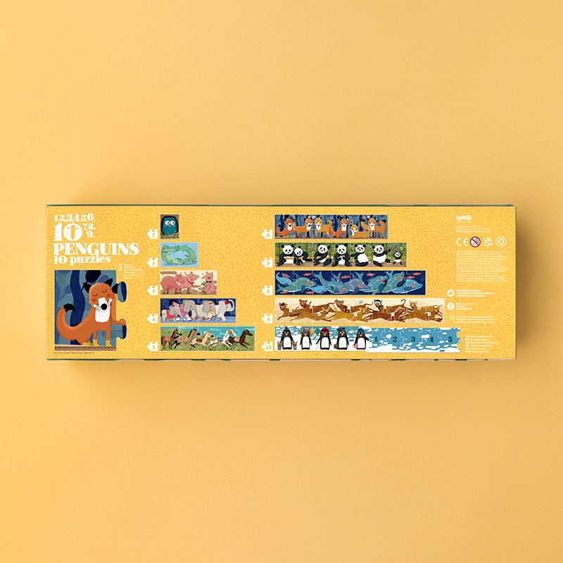 Londji 10 Penguins Puzzle progressive counting puzzle set with 10 animal puzzles from 2 to 10 pieces, eco-friendly and made in Barcelona, illustrated by Txell Darné.