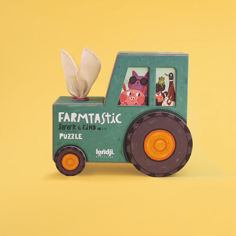 Londji Farmtastic Puzzle 36-piece farm animal puzzle in tractor-shaped box with observation game, eco-friendly and made in Barcelona, illustrated by Anna Baquero.