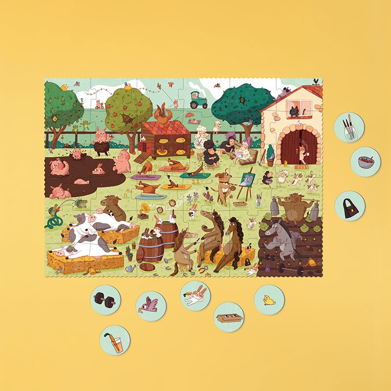 Londji Farmtastic Puzzle 36-piece farm animal puzzle in tractor-shaped box with observation game, eco-friendly and made in Barcelona, illustrated by Anna Baquero.