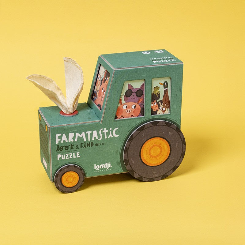 Londji Farmtastic Puzzle 36-piece farm animal puzzle in tractor-shaped box with observation game, eco-friendly and made in Barcelona, illustrated by Anna Baquero.