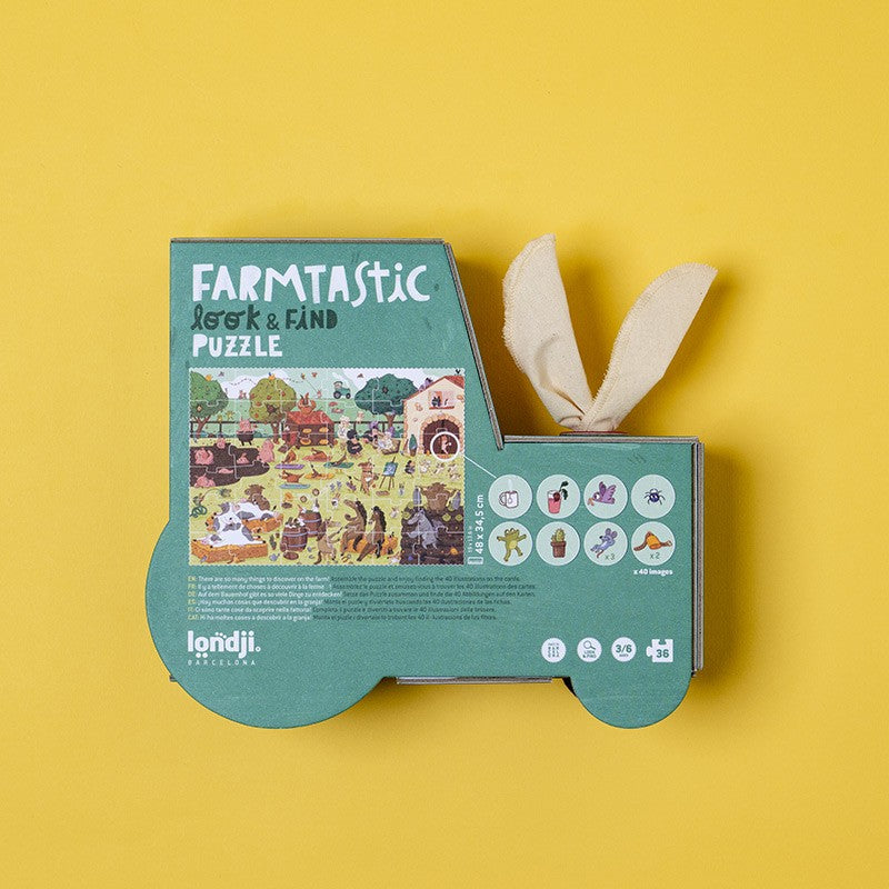 Londji Farmtastic Puzzle 36-piece farm animal puzzle in tractor-shaped box with observation game, eco-friendly and made in Barcelona, illustrated by Anna Baquero.