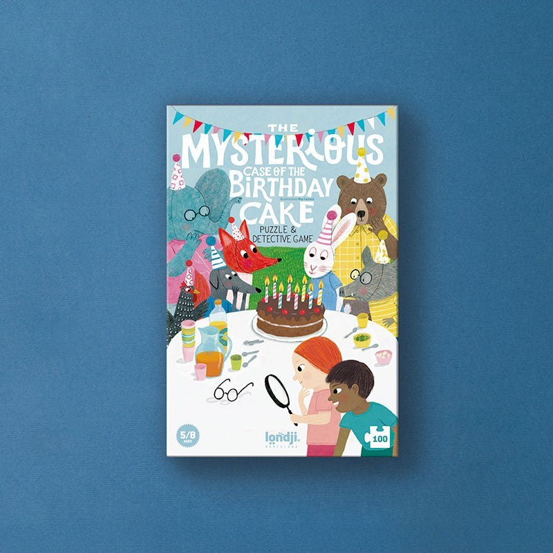 Londji The Mysterious Case of the Birthday 100-piece detective puzzle with 15 deduction cards, eco-friendly and made in Barcelona, illustrated by Maria del Mar Ferrero Barrio.