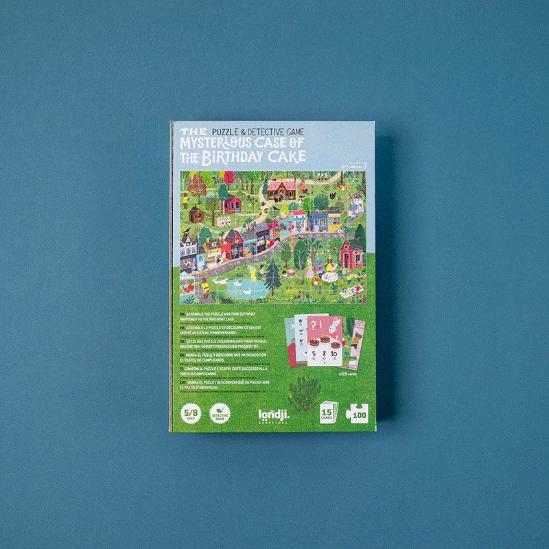 Londji The Mysterious Case of the Birthday 100-piece detective puzzle with 15 deduction cards, eco-friendly and made in Barcelona, illustrated by Maria del Mar Ferrero Barrio.