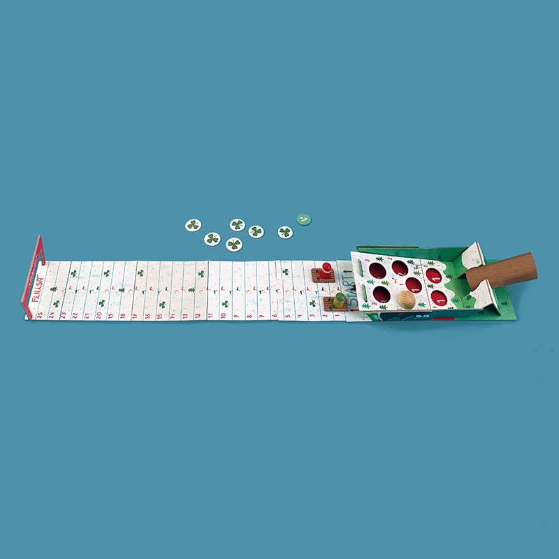 Londji Tiny Game Snow Race – sustainable racing board game for 2 players aged 4+, made in Barcelona with cardboard and beech wood, illustrated by Txell Darné.