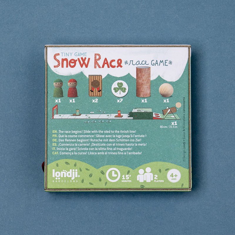 Londji Tiny Game Snow Race – sustainable racing board game for 2 players aged 4+, made in Barcelona with cardboard and beech wood, illustrated by Txell Darné.
