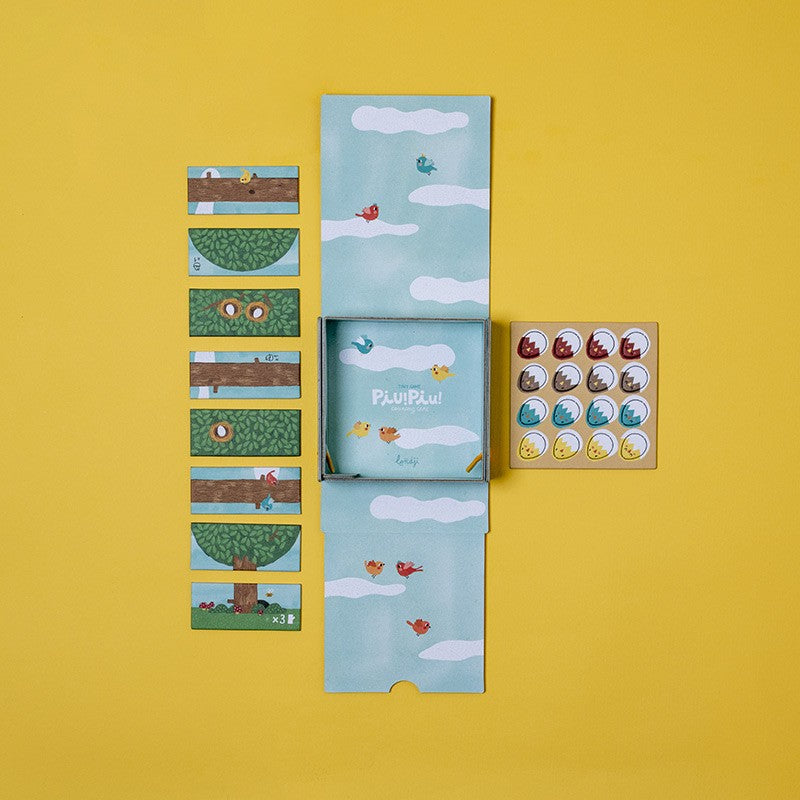 Londji Tiny Game Piu Piu – strategic construction game for kids aged 4+, eco-friendly and made in Barcelona, illustrated by Txell Darné.