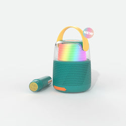 KS-80 Bluetooth Speaker in grey, pink, and blue, featuring powerful sound, light effects, and a wireless microphone with fun voice effects, perfect for parties and karaoke