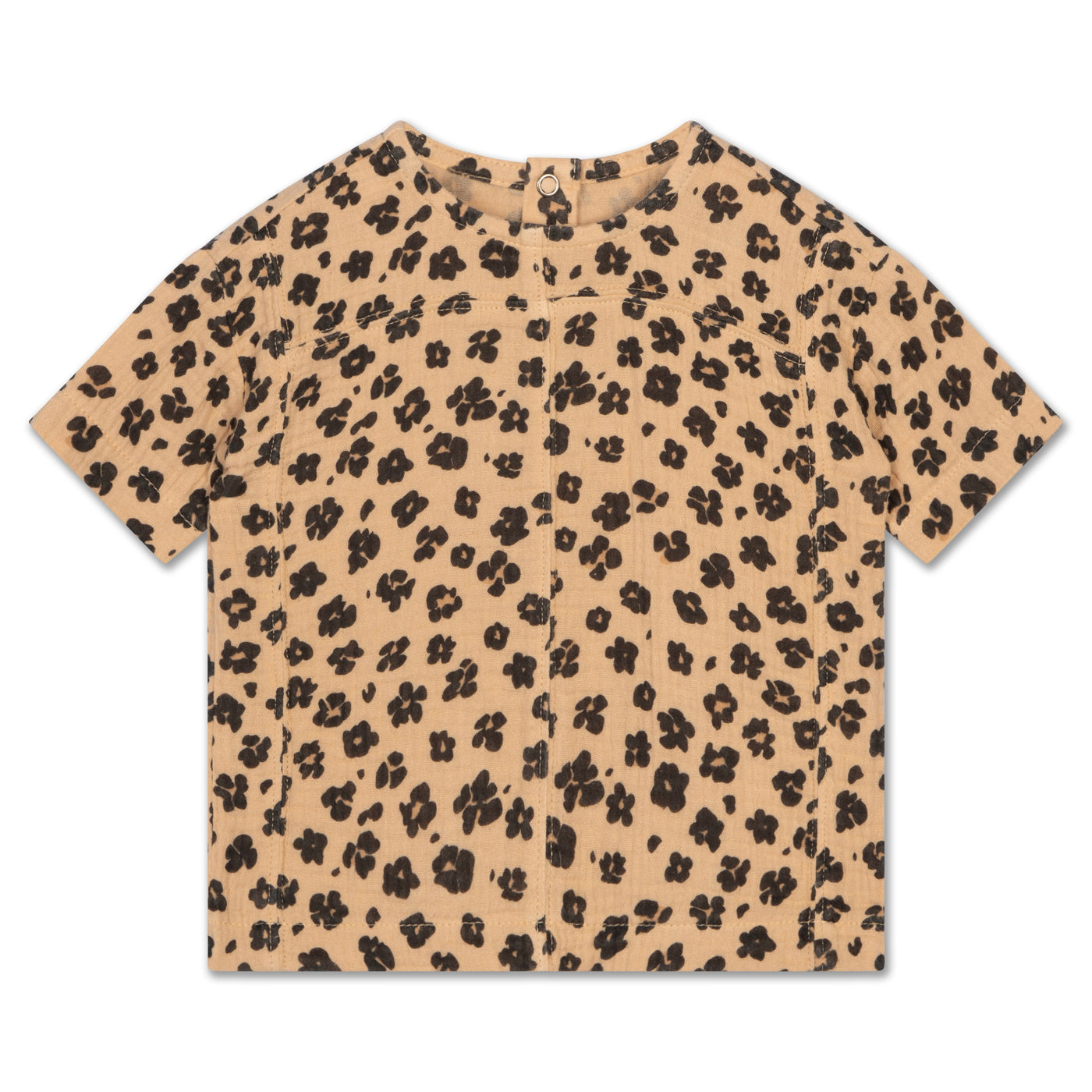 Organic cotton baby tee in leopard flower print, featuring a wide fit, short sleeves, and four snap buttons at the back for easy dressing