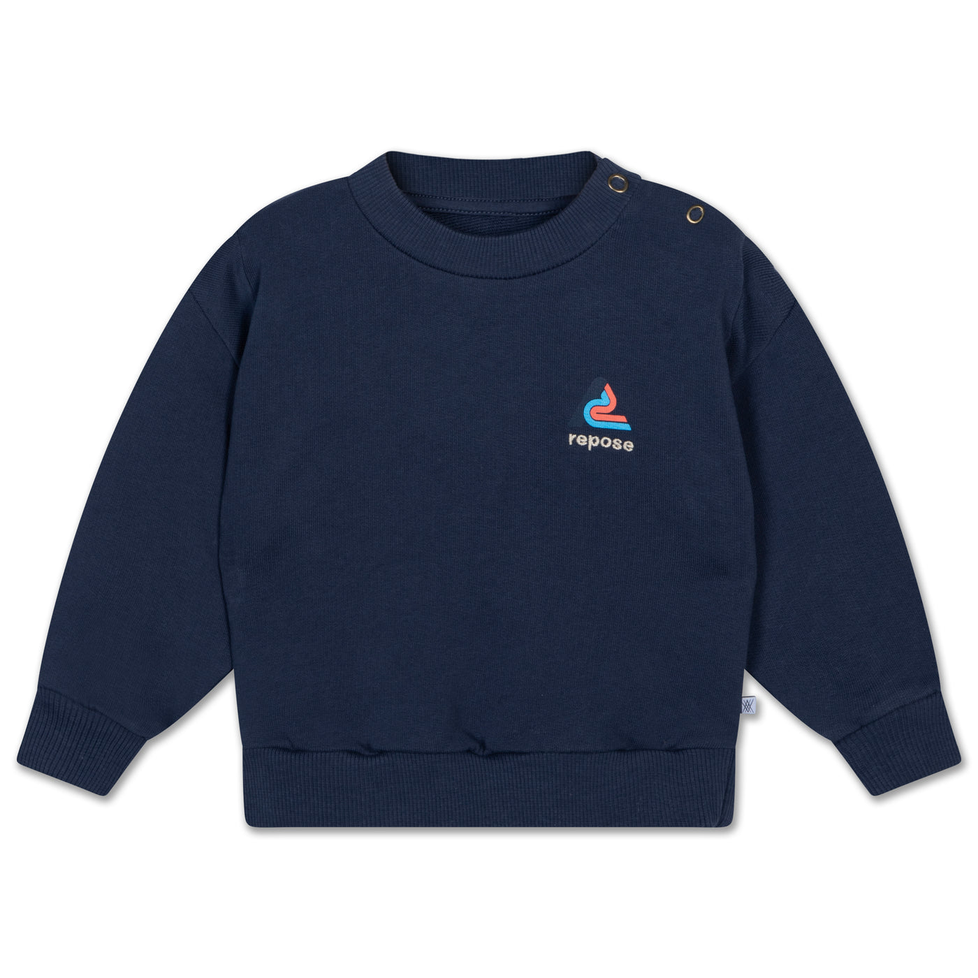 Nightshade blue organic cotton baby crewneck sweater with branded chest embroidery. Features ribbed neck, cuffs, and hem, plus snap button closure on smaller sizes for easy dressing. Soft, breathable, and designed for durability