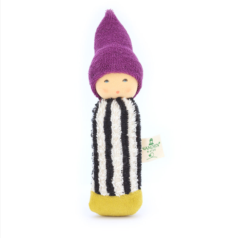 Nanchen Natur Colored Pencil rattle toy for babies in purple and golden yellow, made of organic cotton terry and organic wool. Soft, safe, and eco-friendly toy with a pointy hat, handmade in Germany
