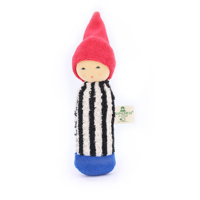 Nanchen Natur Colored Pencil rattle toy for babies in red & blue, made of organic cotton terry and organic wool. Soft, safe, and eco-friendly toy with a pointy hat, handmade in Germany