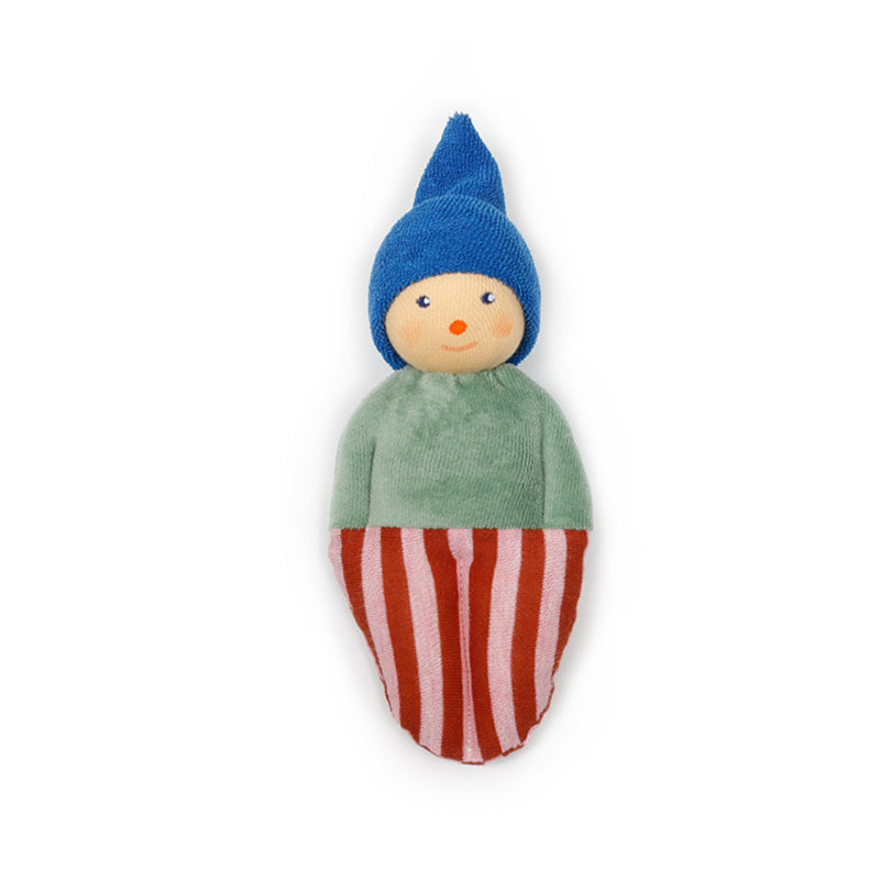 Handmade Nanchen Natur clown doll wearing a striped sweater and pointed hat, crafted from organic materials