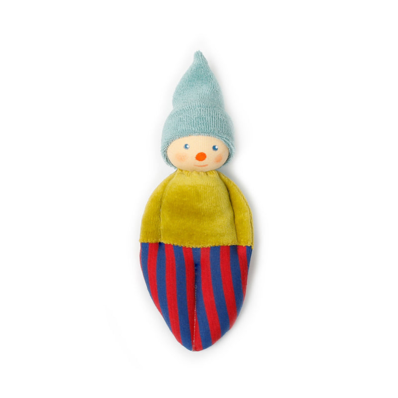 Handmade Nanchen Natur clown doll wearing a striped sweater and pointed hat, crafted from organic materials