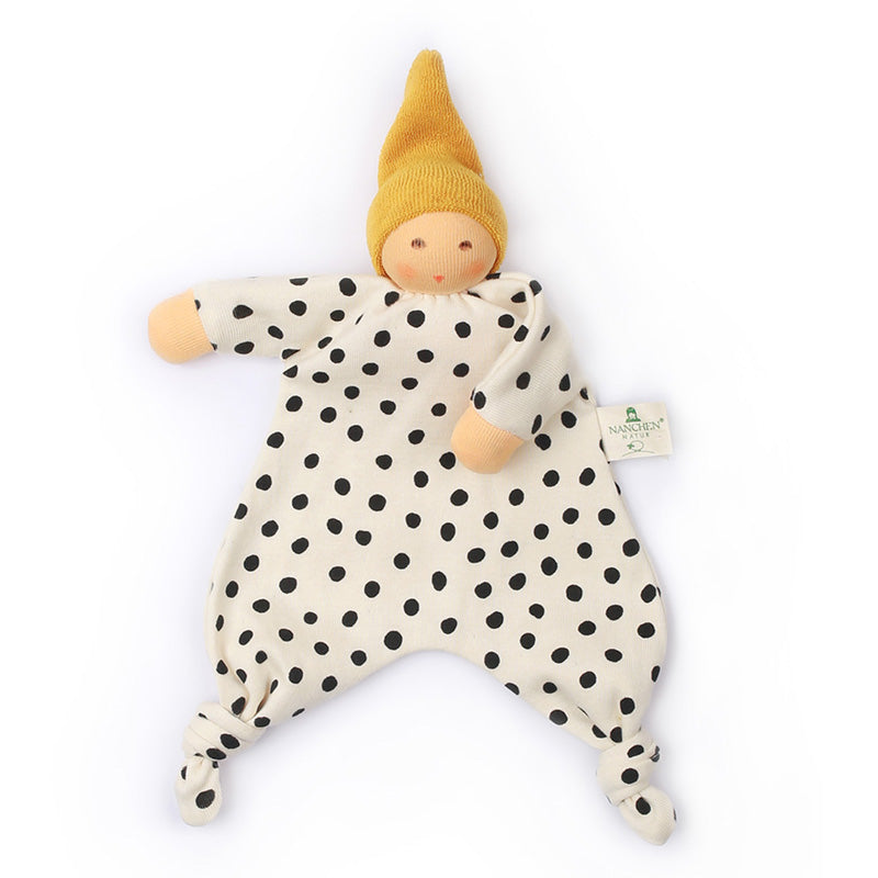 Handmade Nanchen Natur organic comforter doll featuring a sweet face, yellow pointed hat, and polka dot design