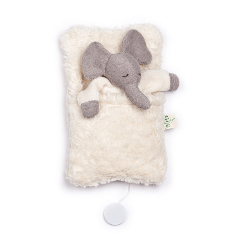 Soft organic cotton elephant music box by Nanchen Natur in sleeping bag, plays Brahms' lullaby – ideal eco-friendly baby gift