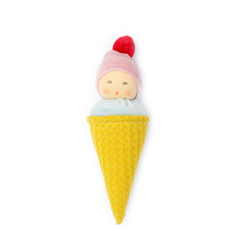 Handcrafted Nanchen Natur organic ice cream-shaped cuddle toy with a hand-painted face and tiny hat