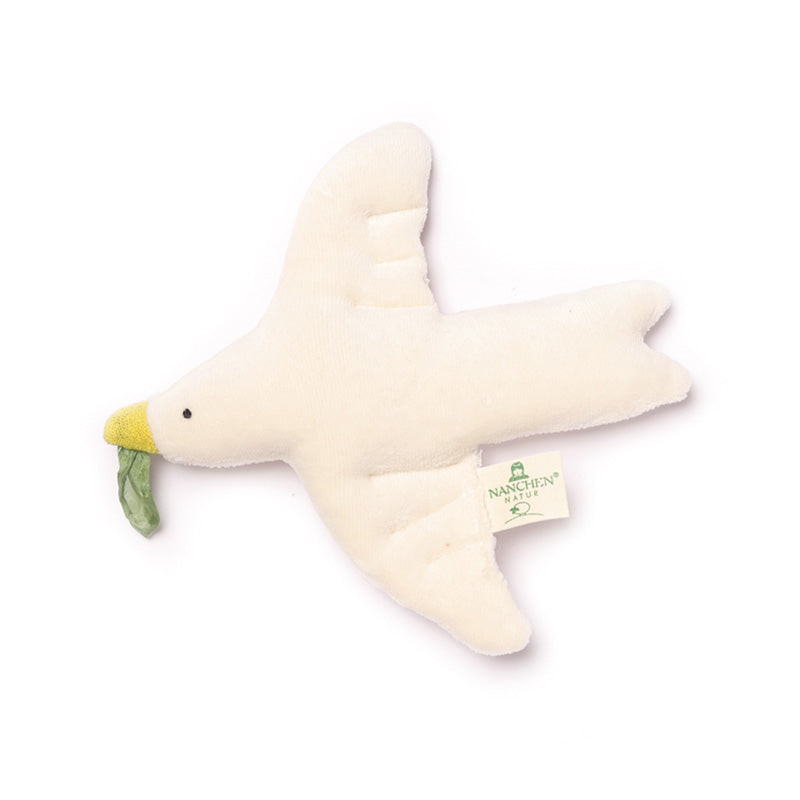 Nanchen Natur organic bird rattle toy for babies, made of 100% organic cotton terry with a yellow beak and green leaf. Soft, eco-friendly, and handmade in Germany