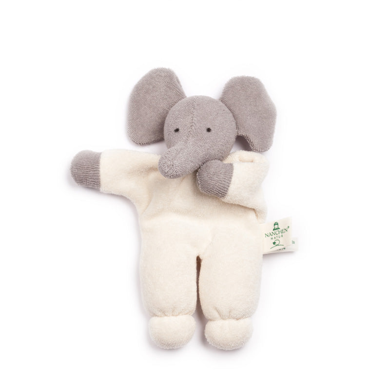 Nanchen Natur organic elephant rattle for babies, made of 100% organic cotton terry and filled with organic wool. Soft, eco-friendly, and handmade with a gentle rattle inside, perfect for newborns