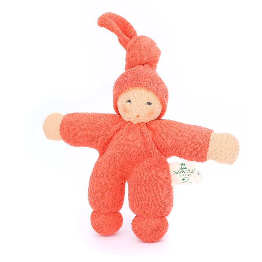 Nanchen Natur Pimpel doll in orange red made from organic cotton terry and organic wool handmade in Germany
