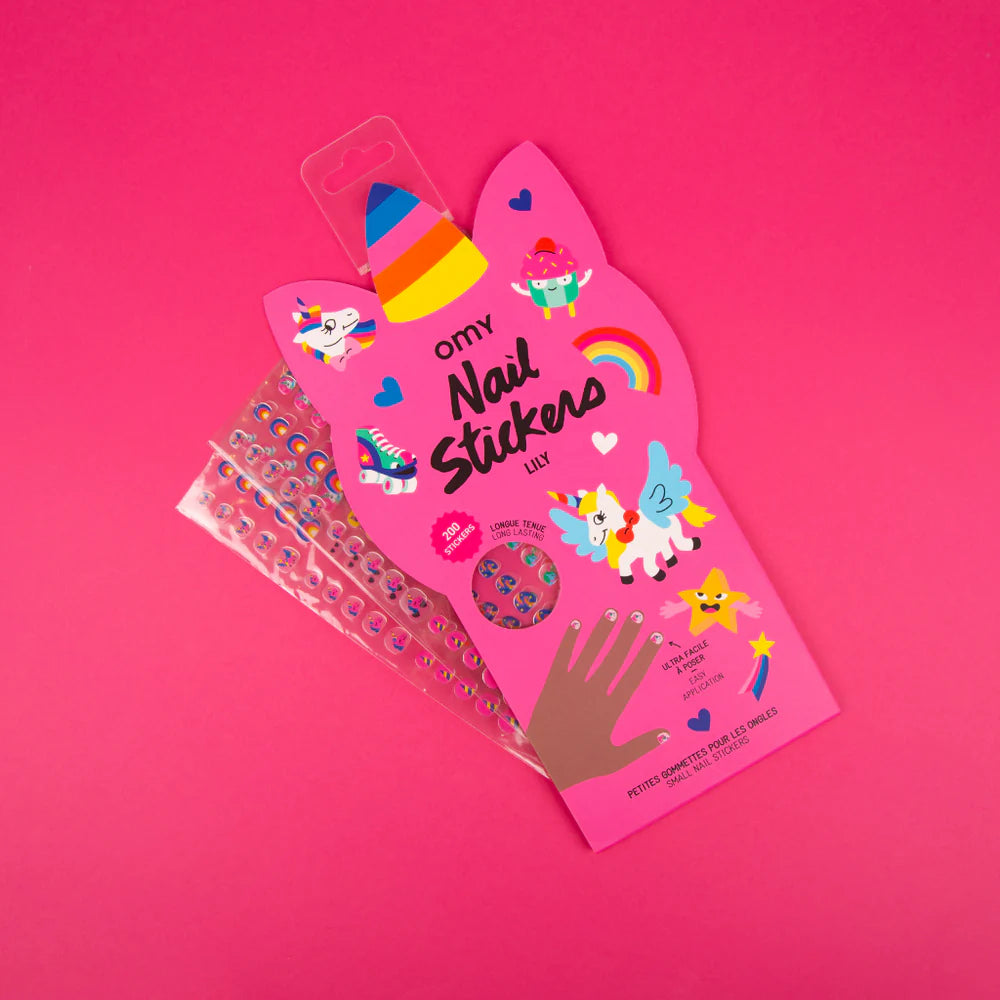 Set of 200 mini nail stickers for kids featuring Lily the Unicorn designs – easy to apply, gentle on skin, and long-lasting