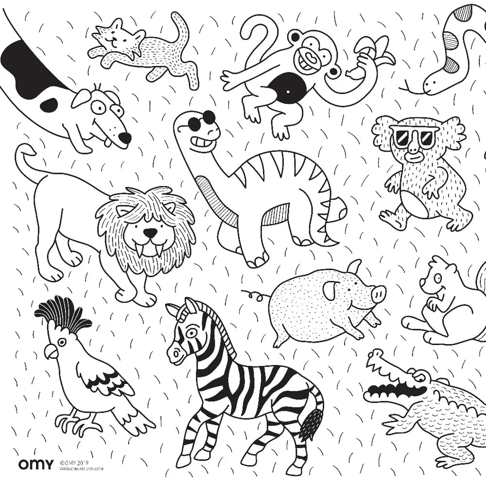 OMY Animals Coloring Pocket with animal-themed graphics and 6 mini colored pencils for kids aged 3-7