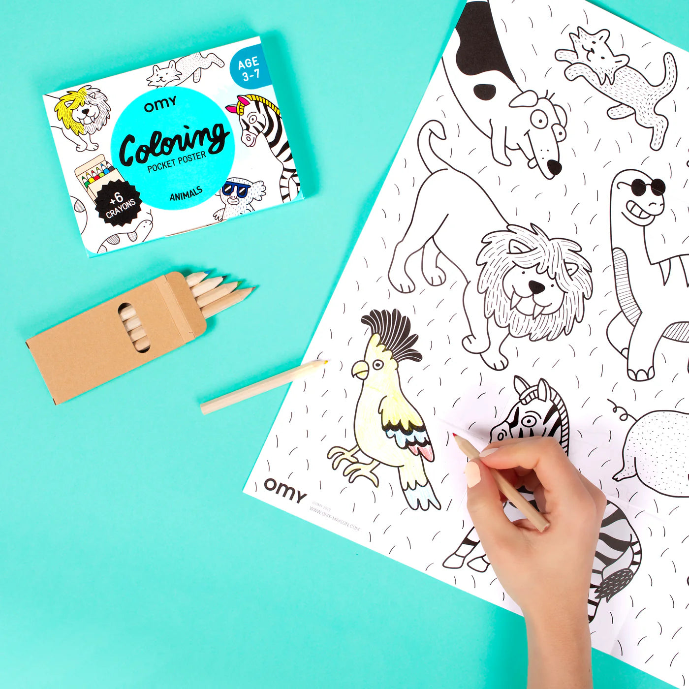 OMY Animals Coloring Pocket with animal-themed graphics and 6 mini colored pencils for kids aged 3-7