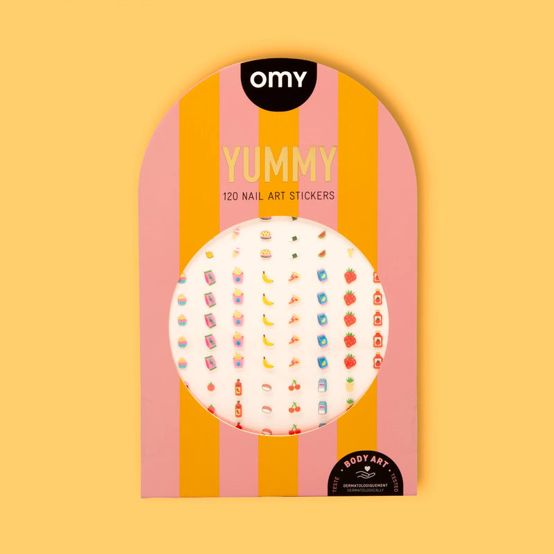 OMY nail stickers set with 120 colorful fruit and sweet-themed designs for kids, long-lasting and easy to apply on bare or painted nails