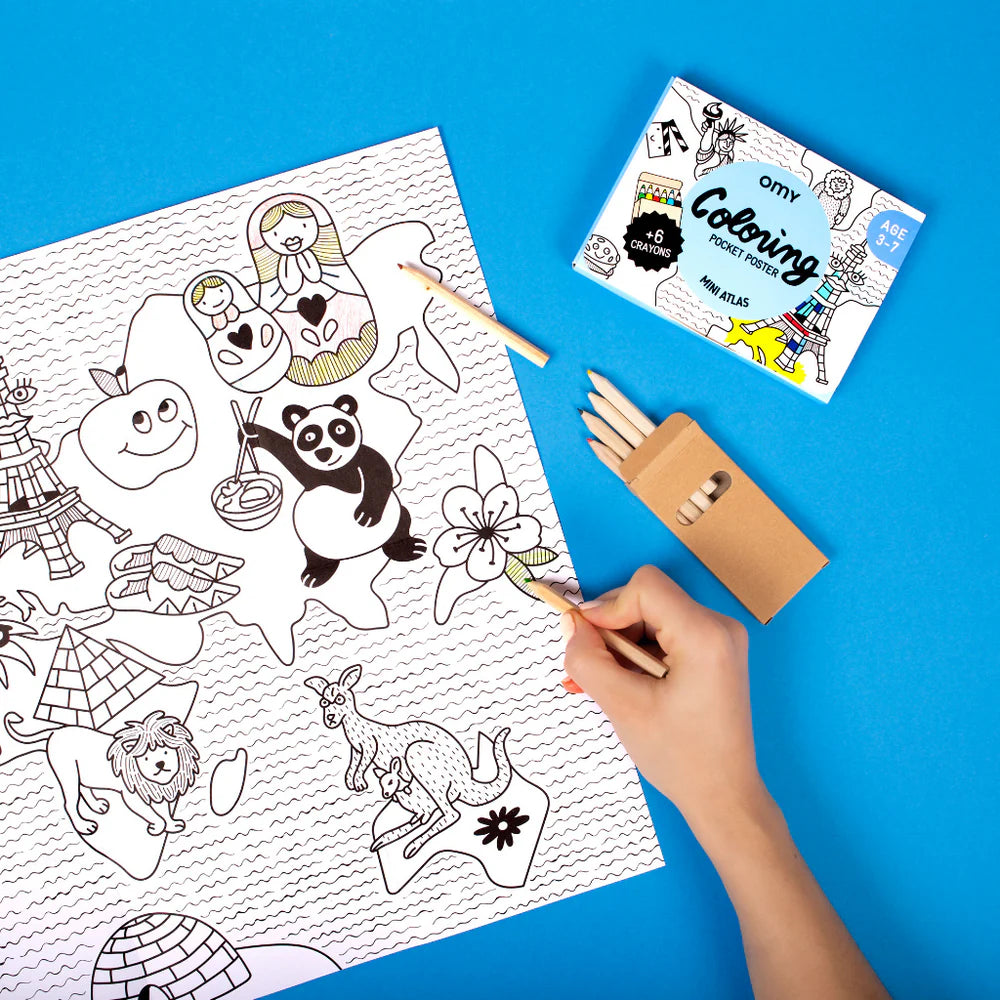 OMY Atlas Coloring Pocket with animal-themed graphics and 6 mini colored pencils for kids aged 3-7.