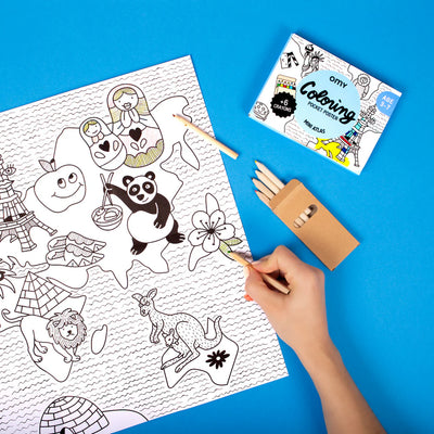 OMY Atlas Coloring Pocket with animal-themed graphics and 6 mini colored pencils for kids aged 3-7.