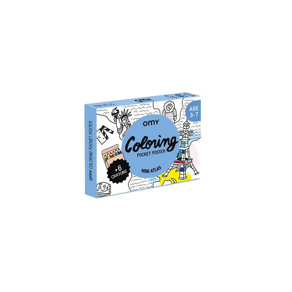 OMY Atlas Coloring Pocket with animal-themed graphics and 6 mini colored pencils for kids aged 3-7.