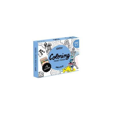 OMY Atlas Coloring Pocket with animal-themed graphics and 6 mini colored pencils for kids aged 3-7.