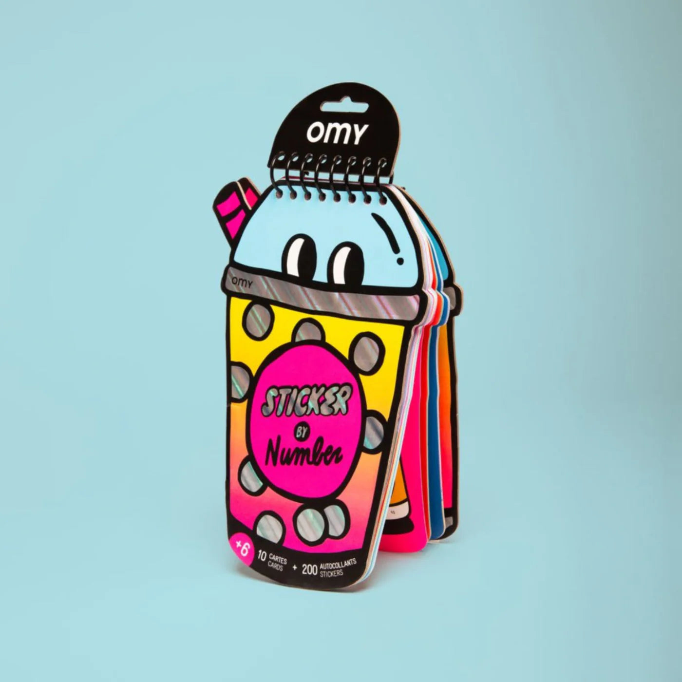OMY Bubble Tea themed sticker activity booklet with 200 numbered stickers and 10 creative postcard scenes for kids aged 4 and up