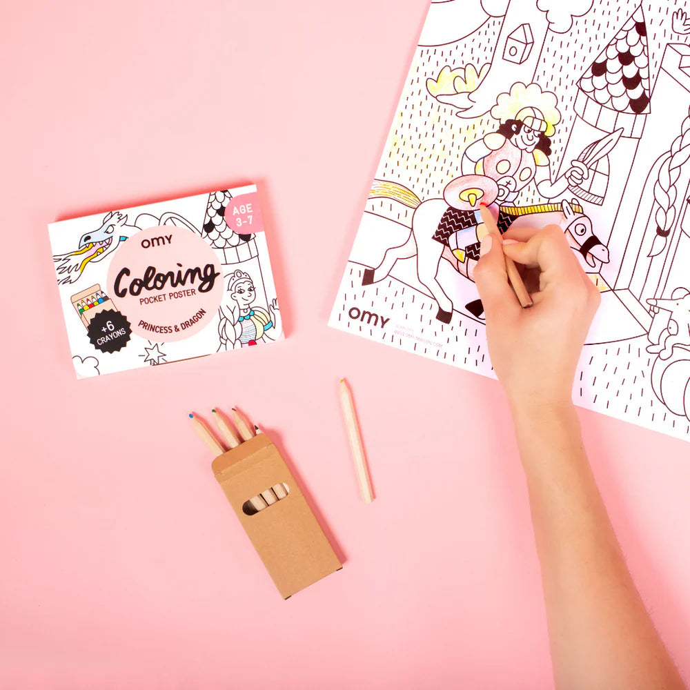 OMY princesses and dragons with animal-themed graphics and 6 mini colored pencils for kids aged 3-7
