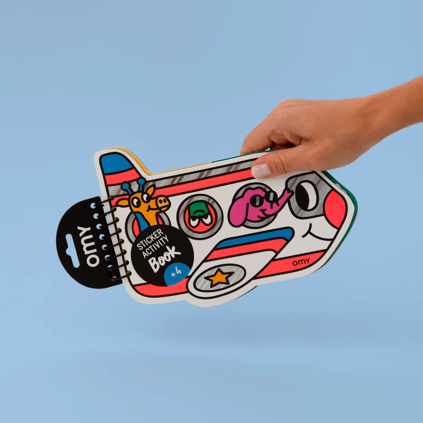 A colorful OMY activity book featuring 80 neon, gold, and holographic stickers with fun activity sheets, designed to inspire creativity in children aged 4 and up. Perfect for imaginative play at home or on the go.