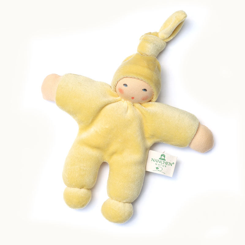 Nanchen Natur organic doll 17 cm with knotted hat, made from 100% organic cotton terry and filled with organic wool. Perfect first toy for newborns, in butter yellow color. Handmade in Germany since 1983 with unique hand-painted faces