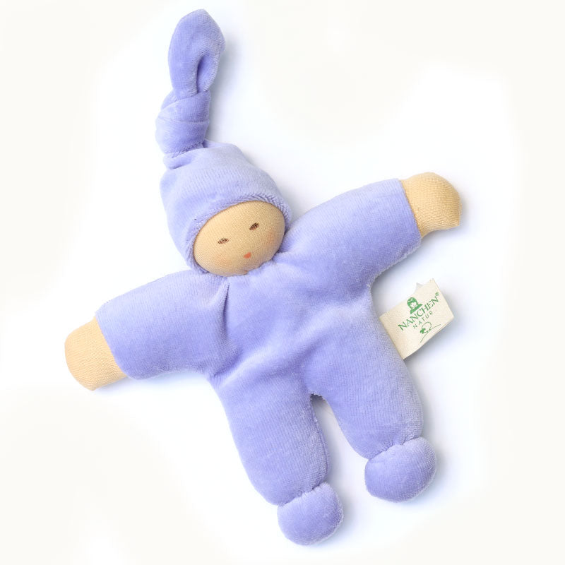 Handmade lavender doll made from 100% organic cotton terry and filled with organic wool, ideal first toy for newborns.