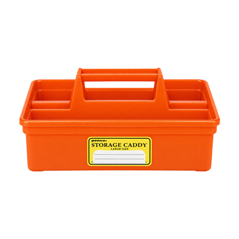 Large orange Penco storage caddy with four compartments, a carry handle and yellow label, viewed from the front.