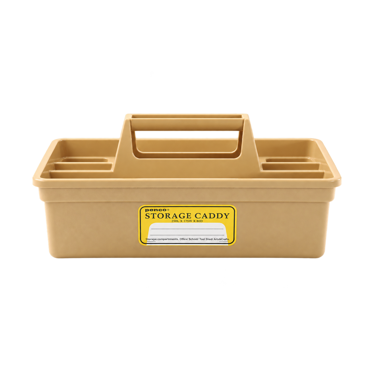 Large beige Penco storage caddy with four compartments, a carry handle and yellow label, viewed from the front.