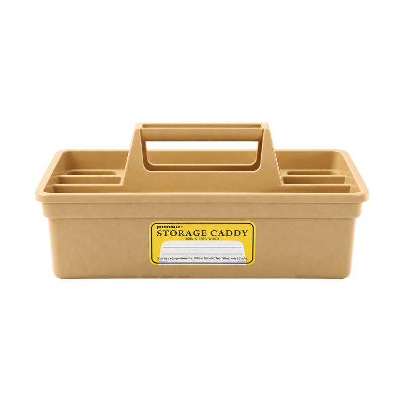 Large beige Penco storage caddy with four compartments, a carry handle and yellow label, viewed from the front.