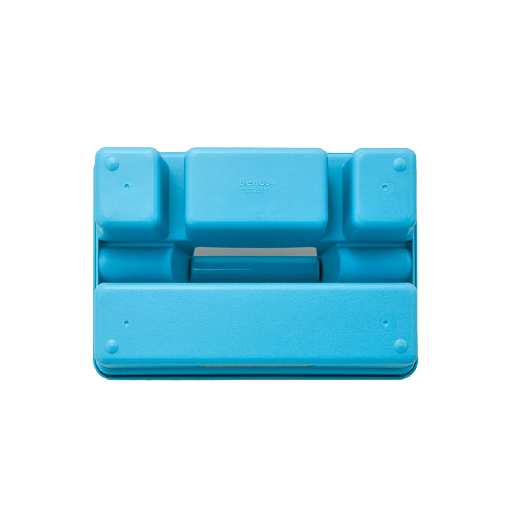 Large light blue Penco storage caddy with four compartments, a carry handle and yellow label, viewed from the front.