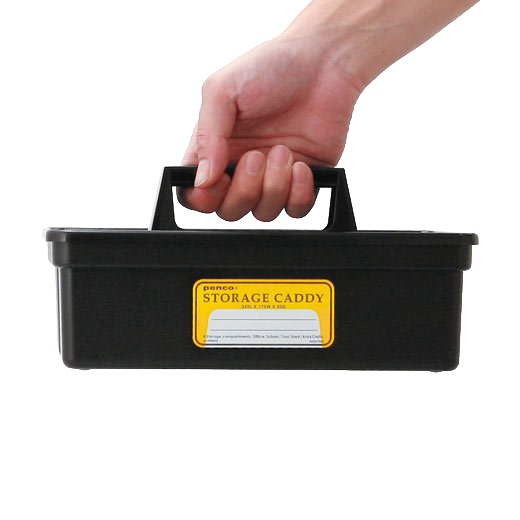 Large black Penco storage caddy with four compartments, a carry handle and yellow label, viewed from the front.