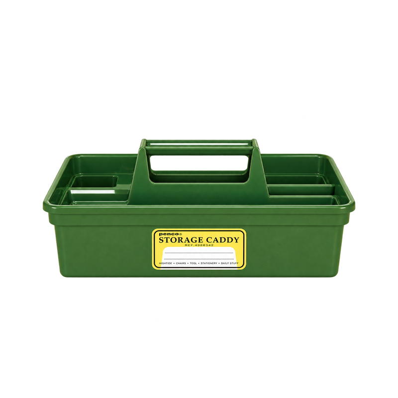 Large beige Penco storage caddy with four compartments, a carry handle and yellow label, viewed from the front.