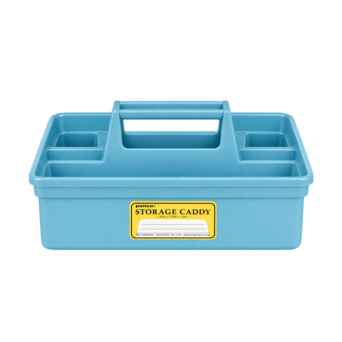Large light blue Penco storage caddy with four compartments, a carry handle and yellow label, viewed from the front.
